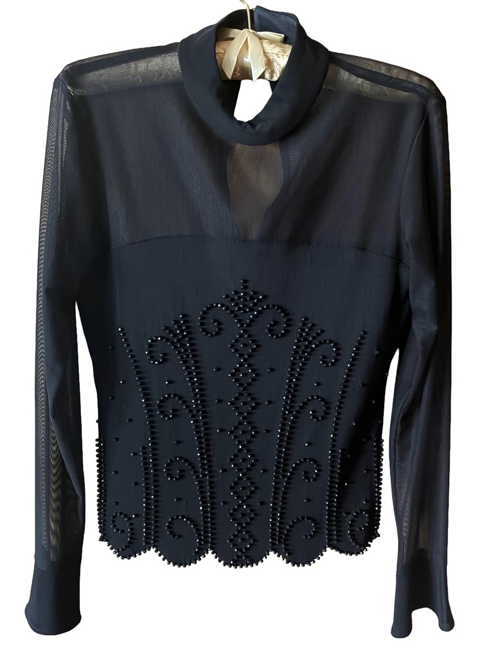 Black Sheer Mesh Beaded Mock Neck Blouse Jr Nites by Caliendo